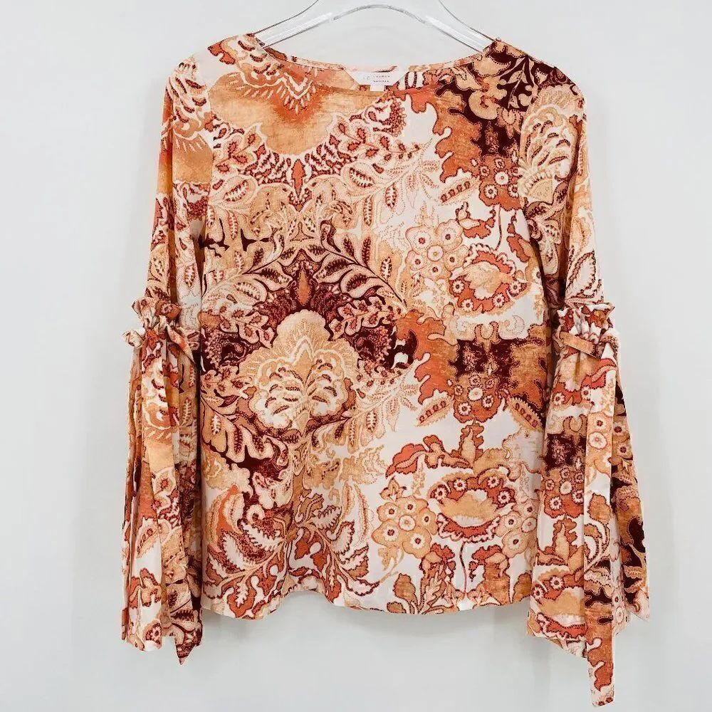LC LaurenĀ Conrad Size XS Peachy Floral BohoāTieāBellāSleeveāPeasantāBlouseāTop